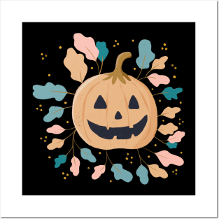 Pastel Jack-o-lantern with pastel fall leaves Posters and Art